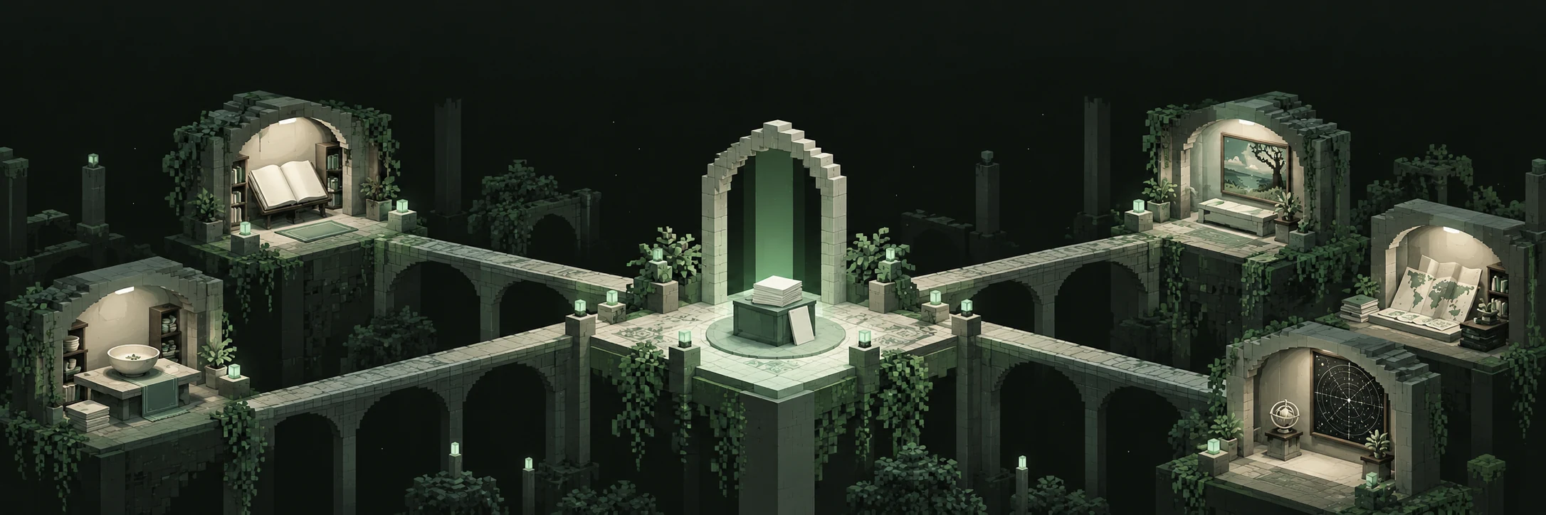Two green-stone alcoves joined by a quiet central connection desk.